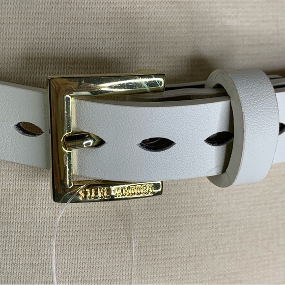 Steve Madden 1” Wide White Leather Belt with Gold Bucket Size Large 34”-38” New - Picture 6 of 11